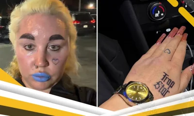 Amanda Bynes muestra el tatuaje en la mano de ‘Trap Star’ mientras usa lápiz labial azul
